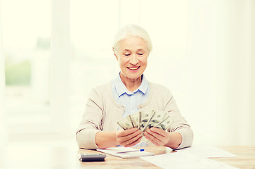 Image showing senior woman with money and papers at home