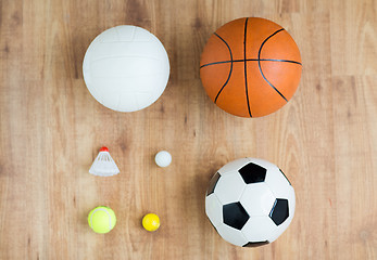 Image showing close up of different sports balls and shuttlecock