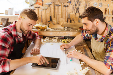 Image showing workmen with tablet pc and blueprint at workshop