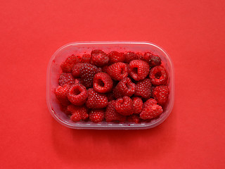 Image showing Fresh raspberries in plastic box