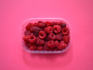 Image showing Fresh raspberries in plastic box