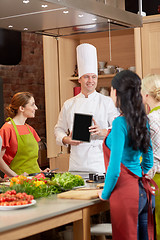 Image showing happy women with chef and tablet pc in kitchen