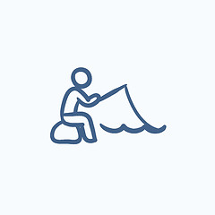 Image showing Fisherman sitting with rod sketch icon.