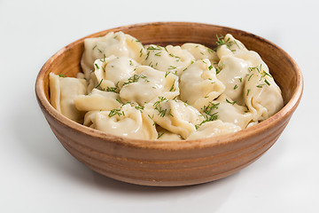 Image showing Boiled prepared homemade russian dumplings or pelmeni with beef meat