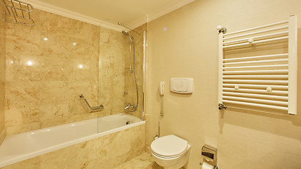 Image showing Luxury bathroom with mirrors, sink, shower and toilet