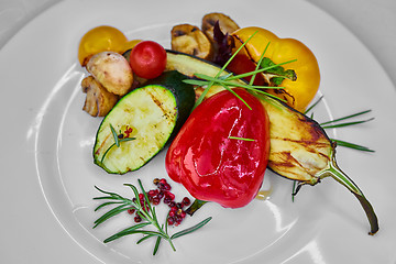 Image showing Organic grilled vegetables. Top view. Shallow dof