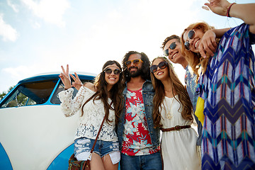 Image showing hippie friends over minivan car showing peace sign