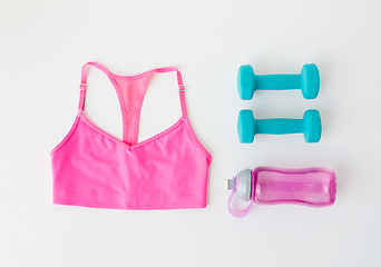 Image showing close up of sports top, dumbbells and bottle