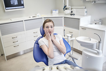 Image showing scared and terrified patient girl at dental clinic