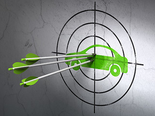 Image showing Travel concept: arrows in Car target on wall background