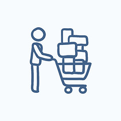 Image showing Man pushing shopping cart sketch icon.