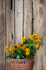 Image showing Bunch of yellow flowers in wicker basket over wooden background