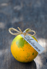 Image showing Ripe pumpkin on wooden table