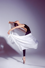 Image showing Ballerina in black outfit posing on toes, studio background.