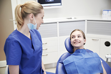 Image showing happy female dentist with patient girl at clinic