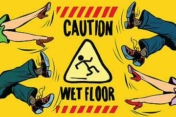 Image showing caution wet floor, feet of women and men