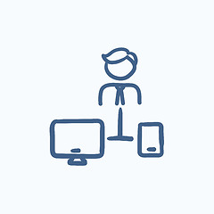 Image showing Man linked with computer and phone sketch icon.