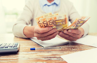 Image showing close up of senior woman counting money at home