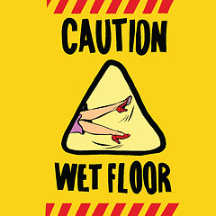 Image showing caution wet floor female feet