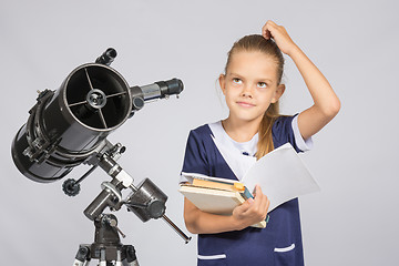 Image showing Schoolgirl wondered and looked up to by reading a textbook while standing at the telescope