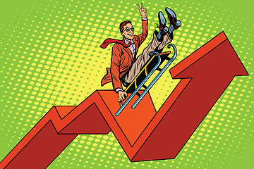 Image showing Businessman on a sled, up arrow chart sales