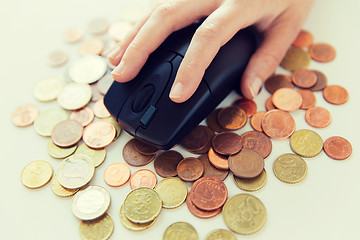 Image showing close up of hand with computer mouse on money