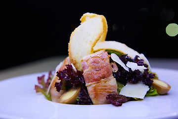 Image showing Caesar Salad with bacon, chicken and quail eggs