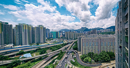 Image showing hong kong public estate buildings with landmark lion rock