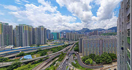 Image showing hong kong public estate buildings with landmark lion rock