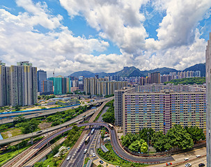 Image showing hong kong public estate buildings with landmark lion rock