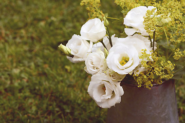 Image showing Vintage jug of white prairie gentians on grass