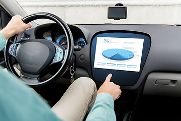 Image showing close up of man driving car with chart on screen