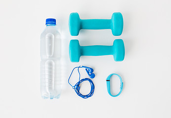 Image showing dumbbells, fitness tracker, earphones and bottle