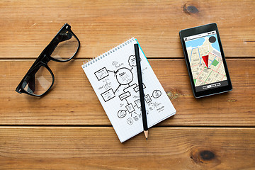 Image showing close up of notepad, smartphone and eyeglasses