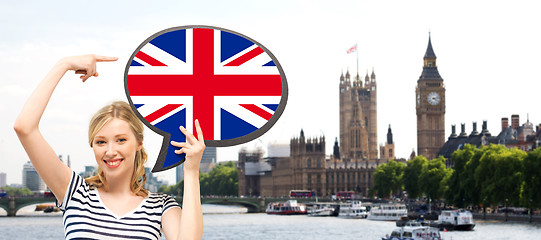 Image showing woman with text bubble of british flag in london