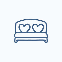 Image showing Heart shaped pillows on bed sketch icon.