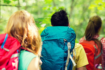 Image showing close up of friends with backpacks hiking