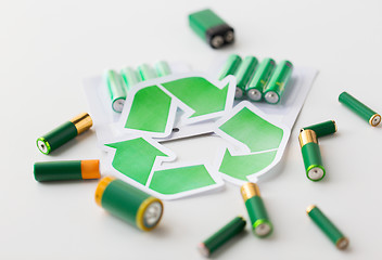 Image showing close up of batteries and green recycling symbol