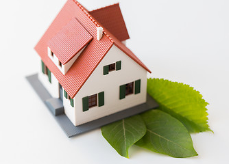 Image showing close up of house model and green leaves