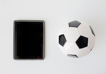 Image showing close up of football or soccer ball and tablet pc
