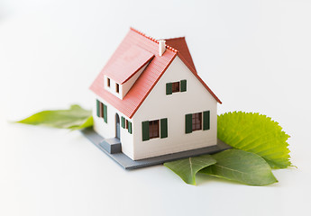 Image showing close up of house model and green leaves