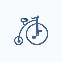 Image showing Old bicycle with big wheel sketch icon.