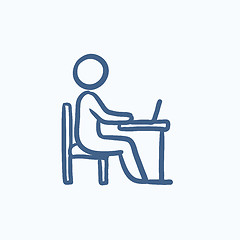 Image showing Businessman working on laptop sketch icon.