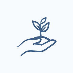 Image showing Hands holding seedling in soil sketch icon.