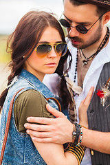 Image showing Man and woman as boho hipsters against blue sky