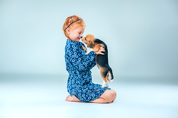 Image showing The happy girl and a beagle puppie on gray background