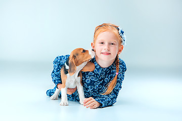 Image showing The happy girl and a beagle puppie on gray background