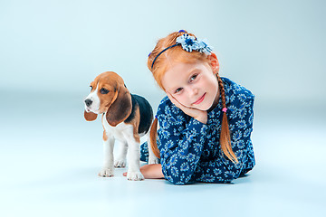 Image showing The happy girl and a beagle puppie on gray background