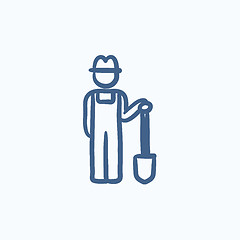 Image showing Farmer with shovel sketch icon.