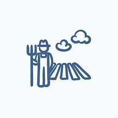 Image showing Farmer with pitchfork at field sketch icon.